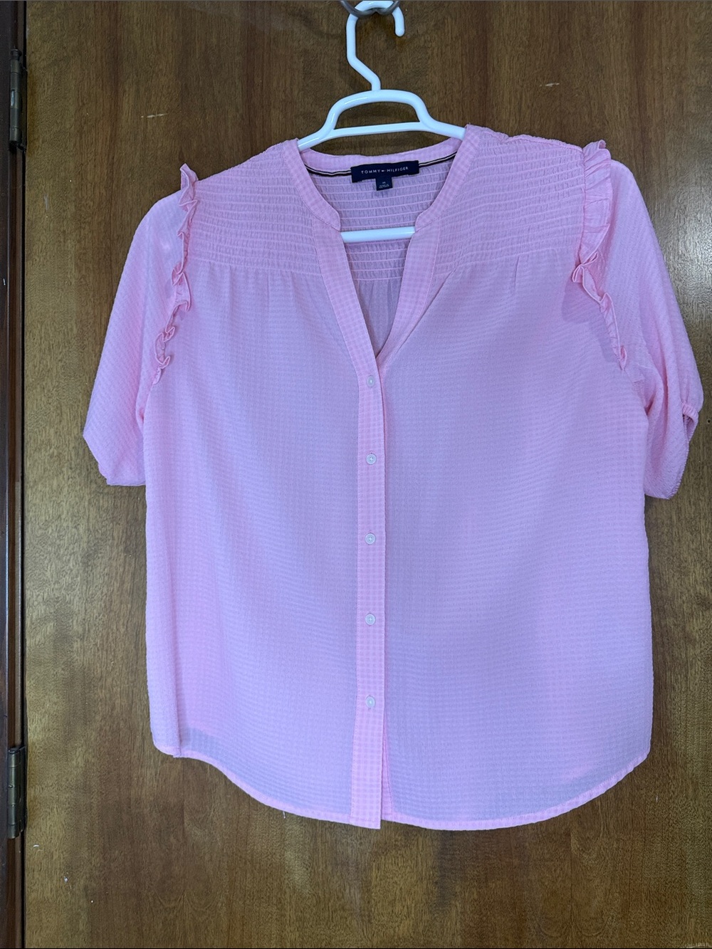 Tommy Hilfiger Pale Pink Button-Down Blouse with Ruffle Shoulders